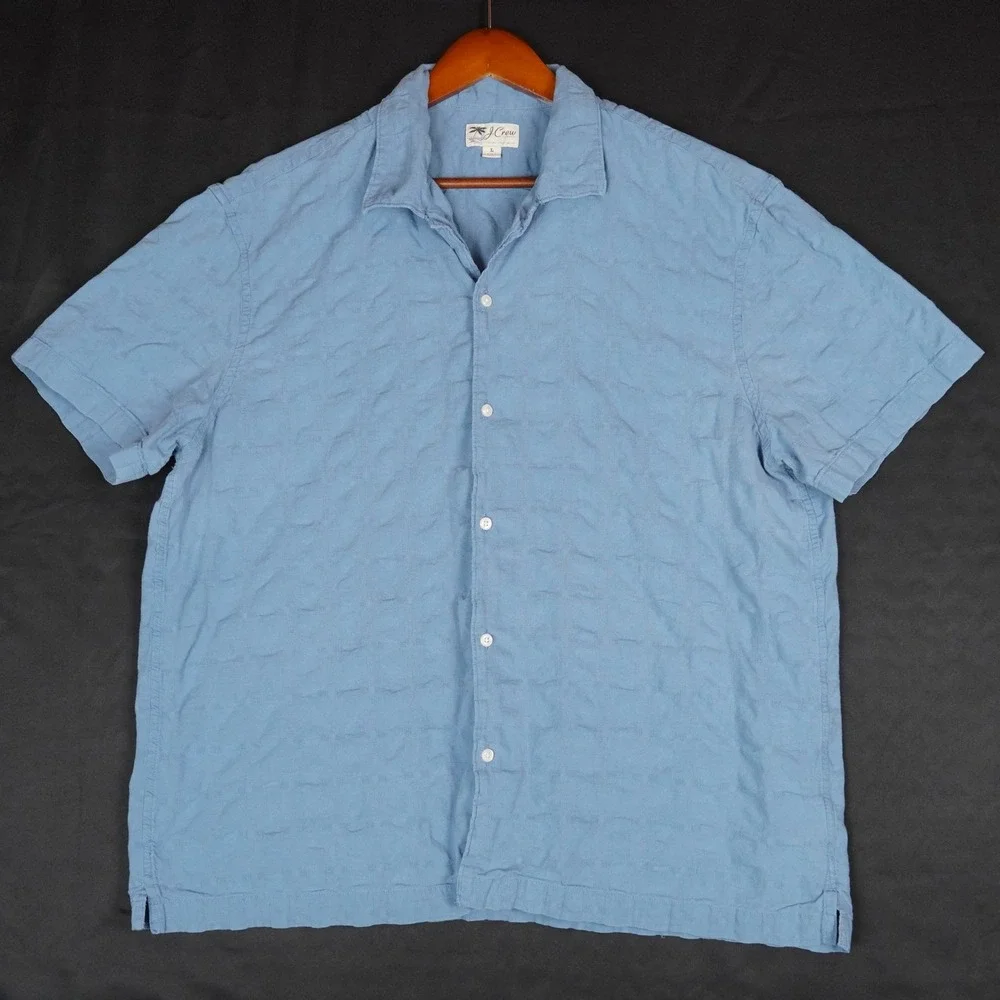 J. Crew Shirt Mens L Blue Textured Grid Short Sleeve Camp Collar Cotton Casual